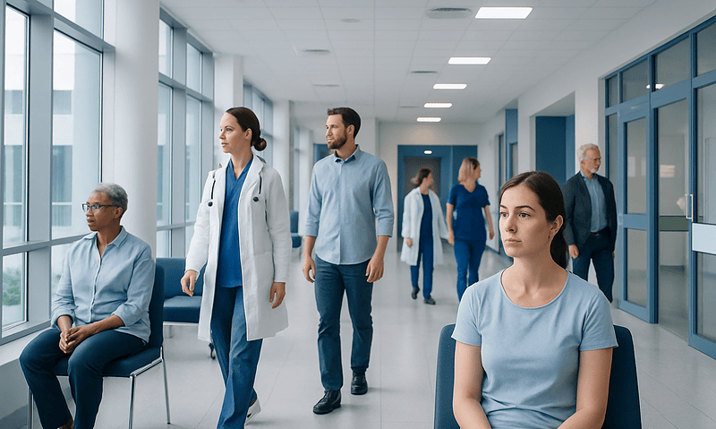 Diverse group of patients and healthcare professionals in hospital corridor.
