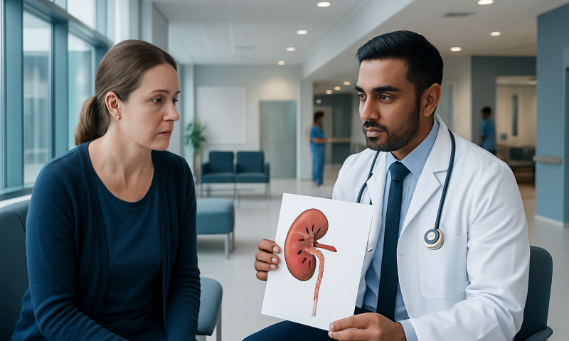 Doctor explaining kidney health to a patient in a hospital lobby.
