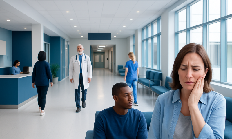 Patient experiencing tooth pain in hospital waiting area.