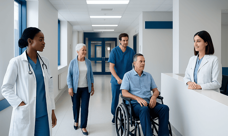 Hospital staff assisting a patient in a wheelchair at the reception desk.