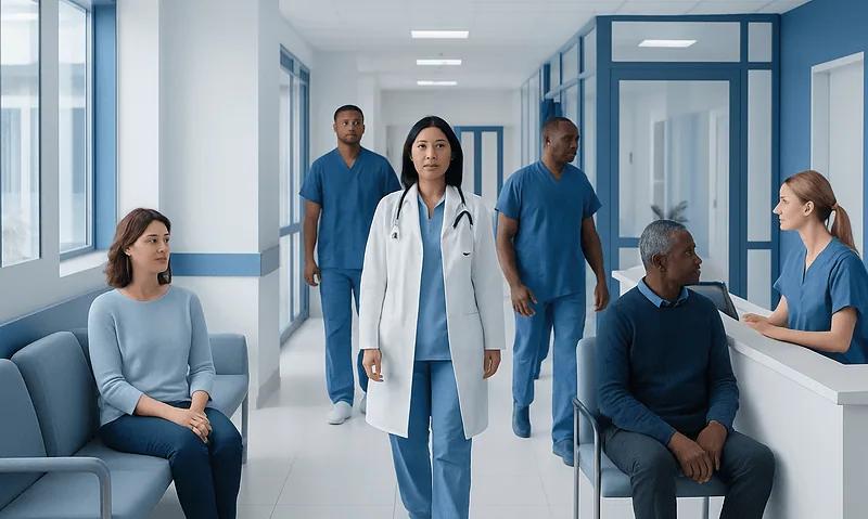 Medical team and patients in a hospital corridor with blue walls and large windows.