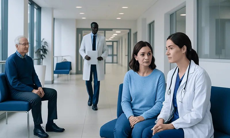 Medical consultation in a modern hospital corridor with doctors and patients.