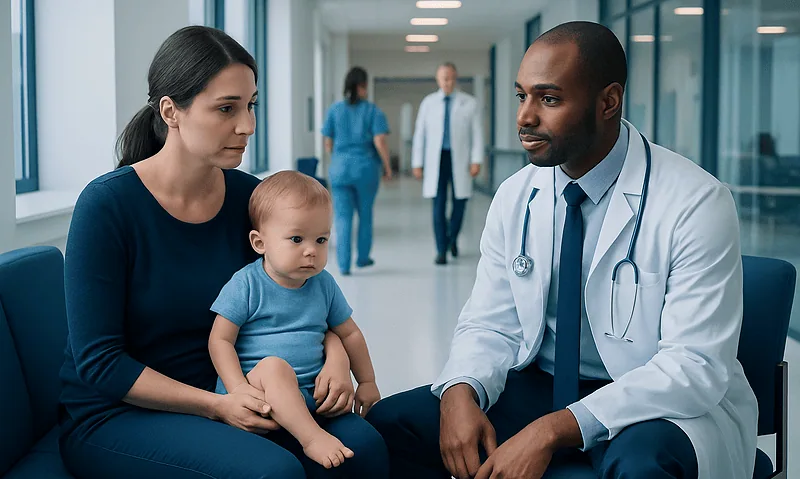 Pediatric consultation at Acibadem Hospital with doctor and mother with child.