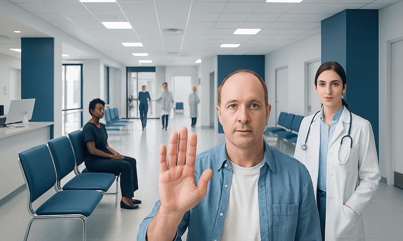 Patient showing hand in hospital corridor with medical staff nearby.