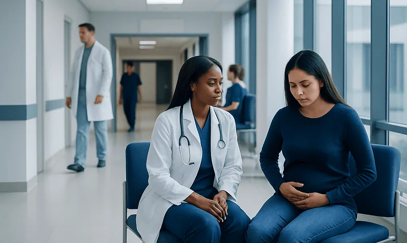 Doctor consulting with a pregnant woman in a hospital corridor.