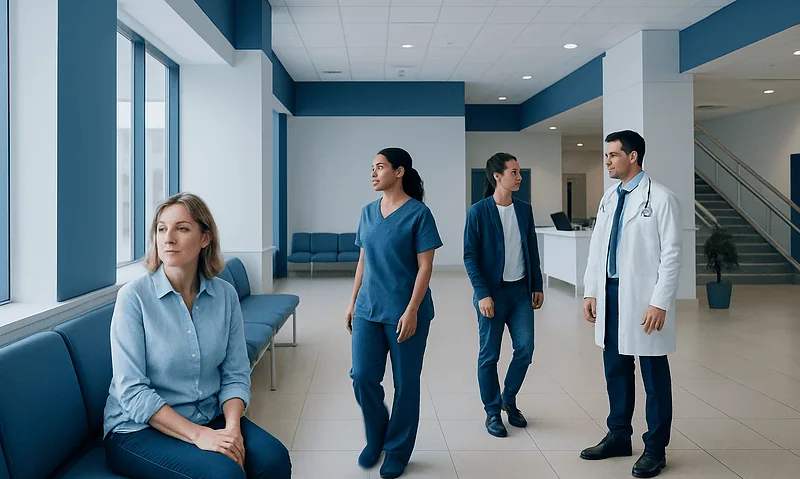 Patients and doctor in hospital corridor at Acibadem Hospitals Group.