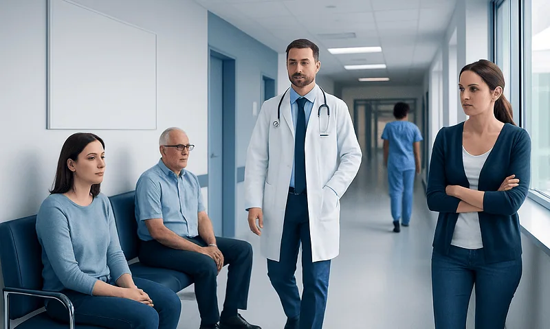 Medical consultation in hospital corridor with doctor and patients.