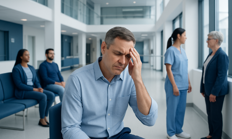 Man experiencing headache in a hospital waiting area with medical staff and patients.