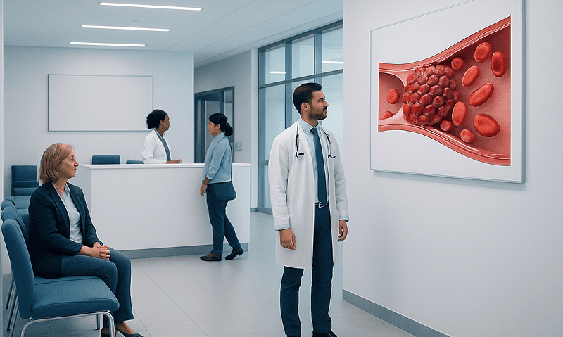 Doctors and patients in a modern hospital corridor with a large medical image on the wall.
