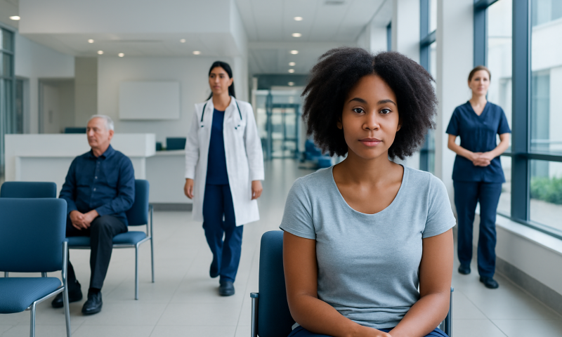 Diverse group of patients and medical staff in a hospital waiting area.