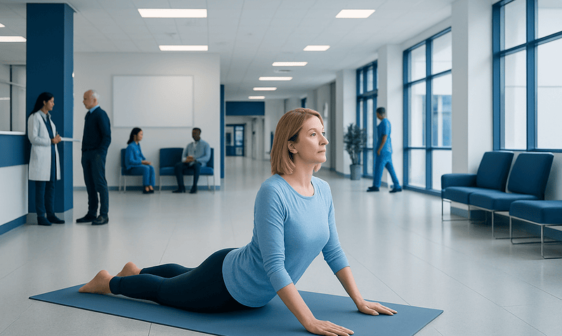Woman practicing yoga in hospital corridor for health and wellness.