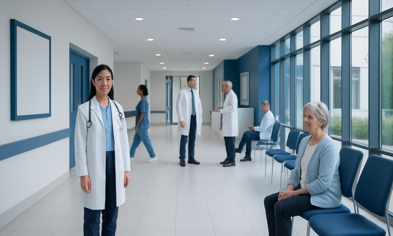 Medical professionals and patients in a modern hospital corridor.