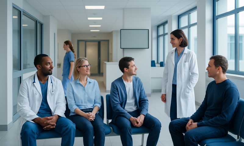 Medical team consulting patients in a hospital corridor.