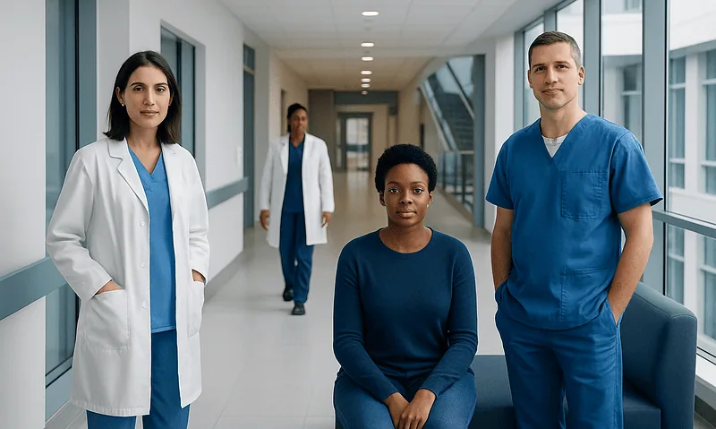 Medical team in hospital corridor with diverse healthcare professionals.