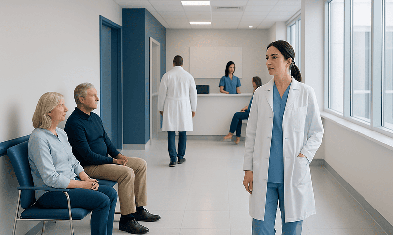Healthcare professionals and patients in a modern hospital corridor.