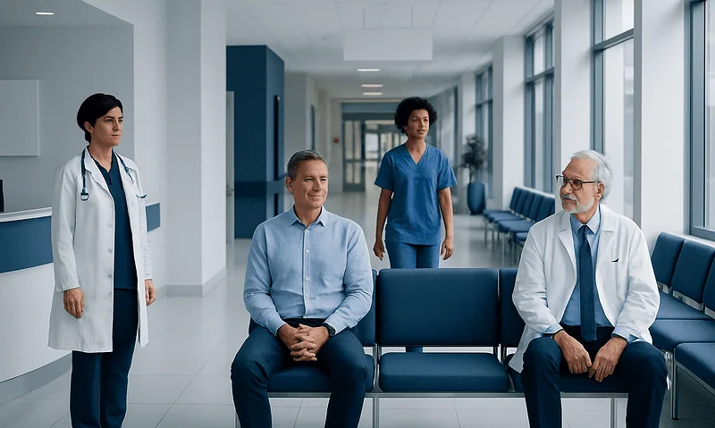 Patients waiting in a hospital corridor with medical staff present.