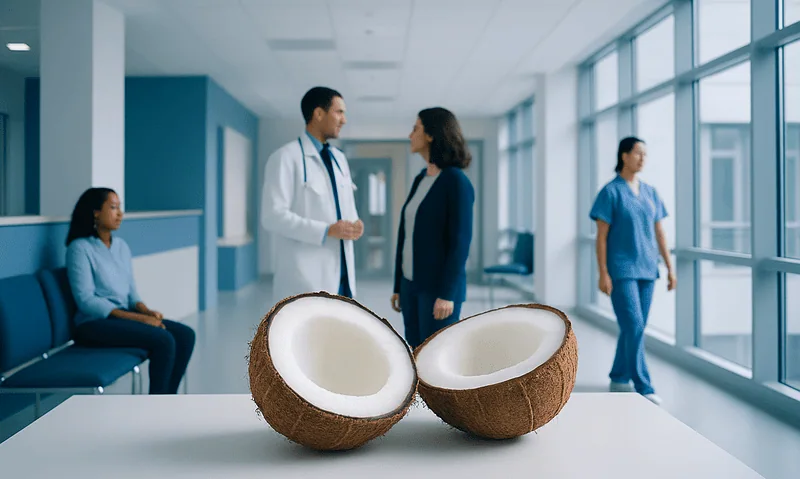Coconut halves on a table in a hospital corridor with medical staff and patients.