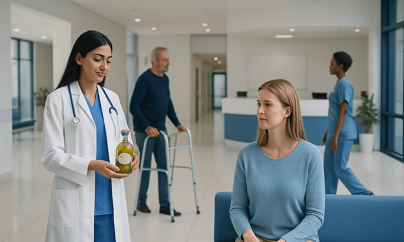 Doctor consulting with a patient in a hospital lobby.
