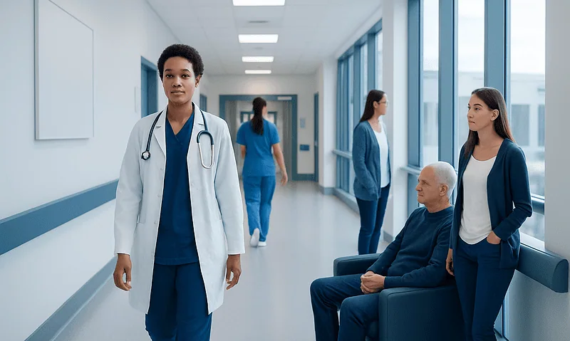 Diverse medical team in hospital corridor with patient and staff.