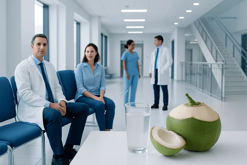 Coconut Water: A Complete Medical Overview 1 Doctors and patient in a hospital corridor with coconut water on a table.