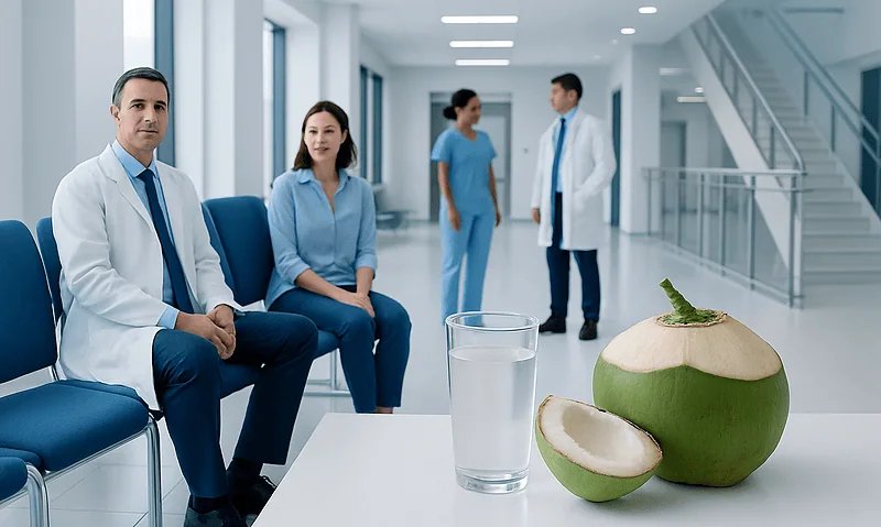 Doctors and patient in a hospital corridor with coconut water on a table.