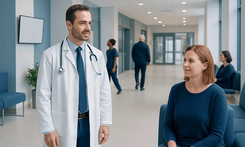 Doctor talking to a patient in a modern hospital corridor.
