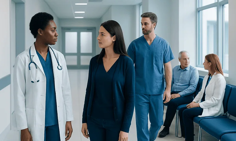 Code Switching — Explained by Medical Evidence, Not Myths 6 Medical professionals and patients in a hospital corridor.