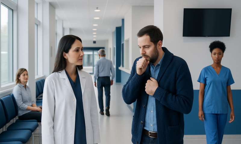 Patient consulting with doctor in hospital corridor with staff in background.