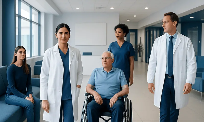 Medical team with patient in hospital corridor at Acibadem Hospitals Group.