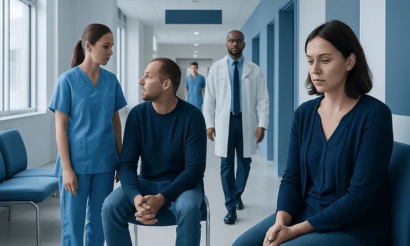 Medical professionals and patient in hospital corridor discussing health concerns.