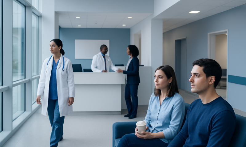Hospital waiting area with medical staff and patients.