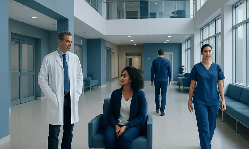 Medical staff and patient in modern hospital corridor with large windows.