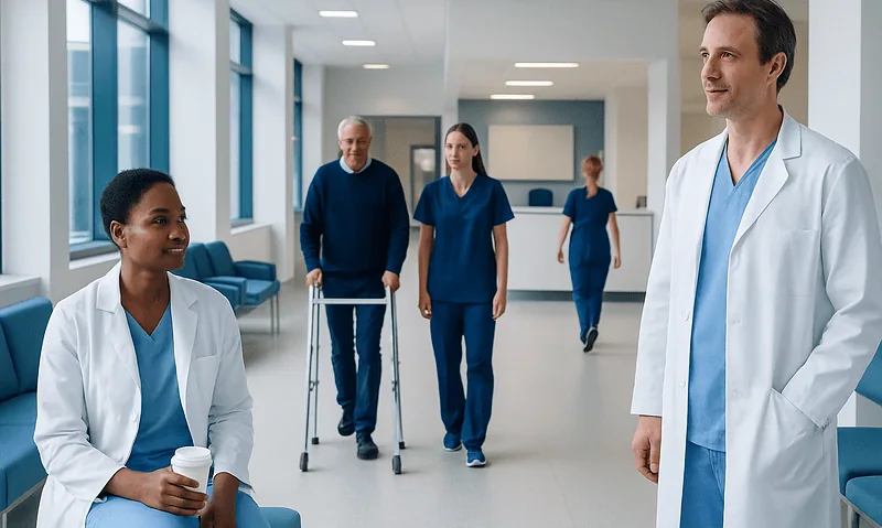Healthcare professionals and patients in a hospital corridor at Acibadem Hospitals Group.