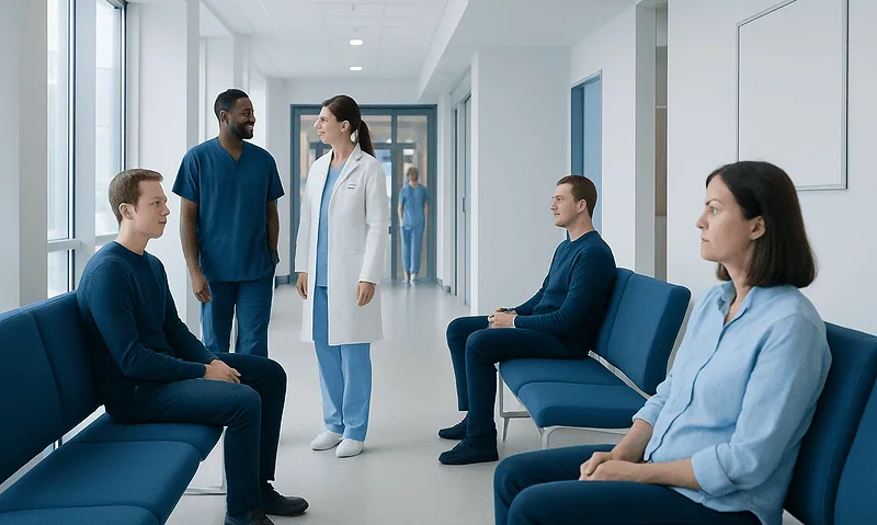 Patients waiting in a hospital corridor for cognitive assessment or consultation.