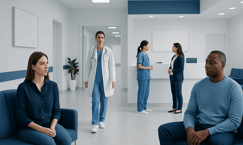 Patients waiting in a hospital corridor with medical staff in the background.