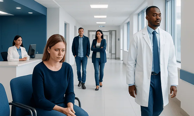 Patient waiting in hospital corridor with medical staff nearby.