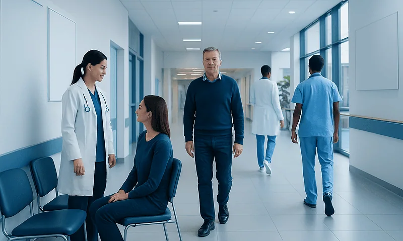Hospital corridor with medical staff and patient in waiting area.