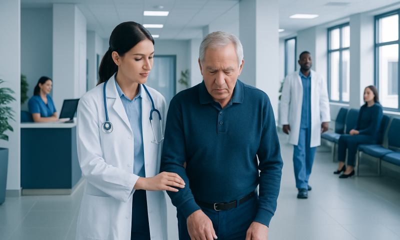 Doctor assisting an elderly patient in a modern hospital corridor.