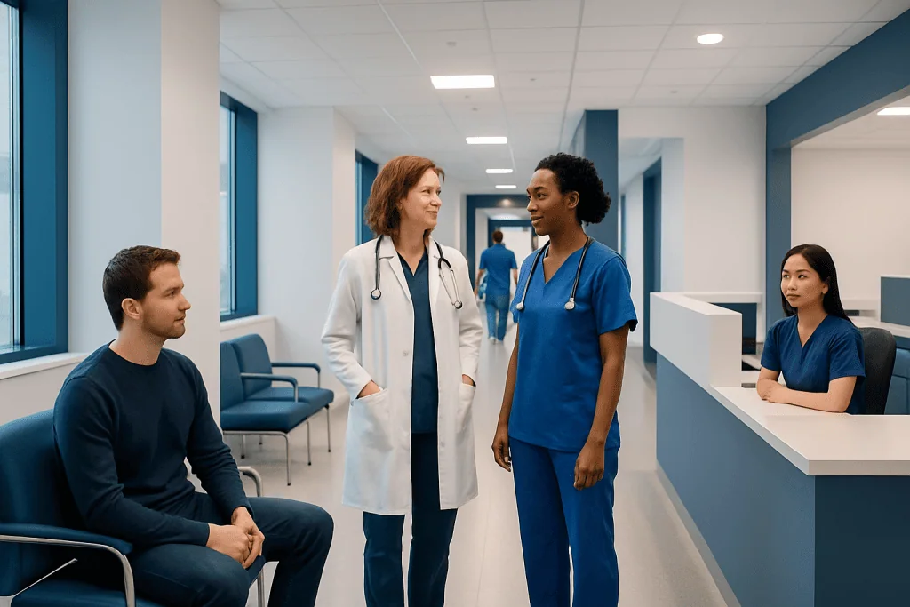 Brain Aneurysm Coiling vs Clipping: How Doctors Choose the Best Treatment 1 Medical professionals consulting with a patient in a hospital corridor.