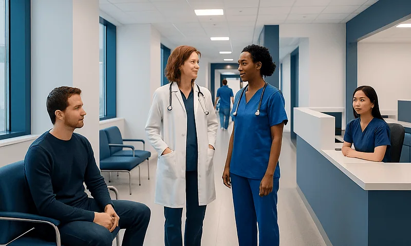 Medical professionals consulting with a patient in a hospital corridor.