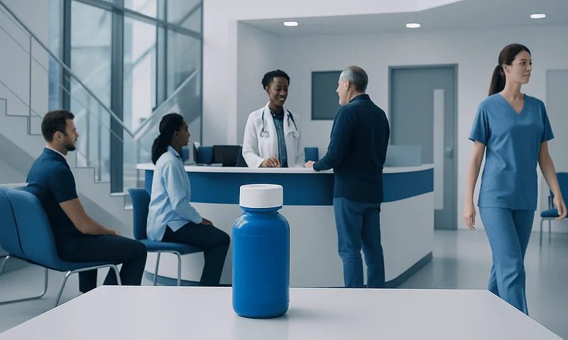 Hospital reception with medical staff and patients in a modern healthcare facility.