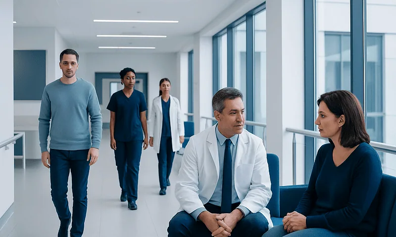 Medical consultation in a modern hospital corridor with diverse healthcare professionals.