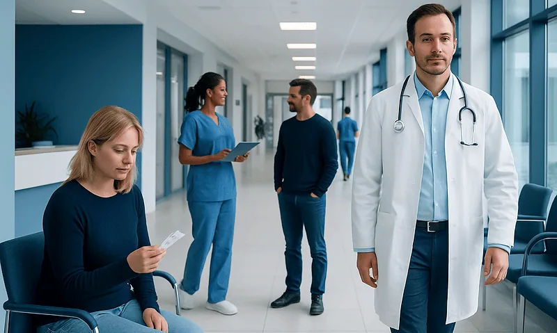 Medical professionals and a patient in a hospital corridor.