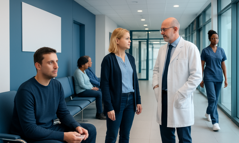 Medical consultation in a hospital corridor with healthcare professionals and patients.