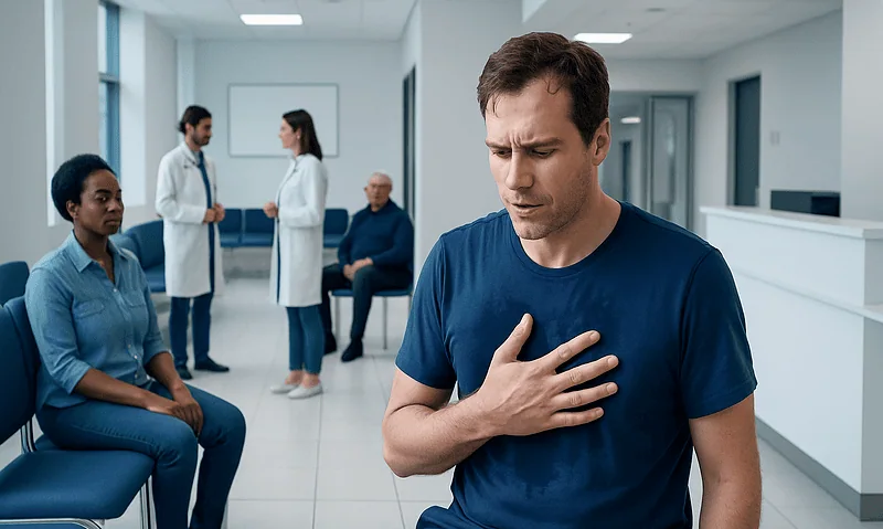 Cold perspiration: A Complete Medical Guide for Patients 1 Man experiencing chest discomfort in a hospital waiting area.