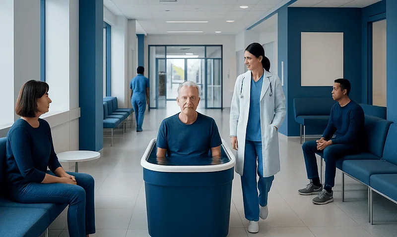 Patient undergoing hydrotherapy treatment in a modern hospital setting.