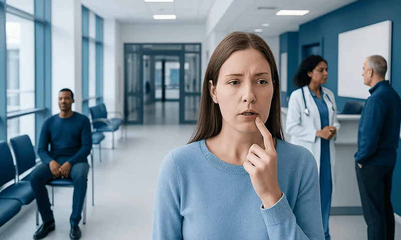 Woman in hospital waiting area appears worried or anxious.