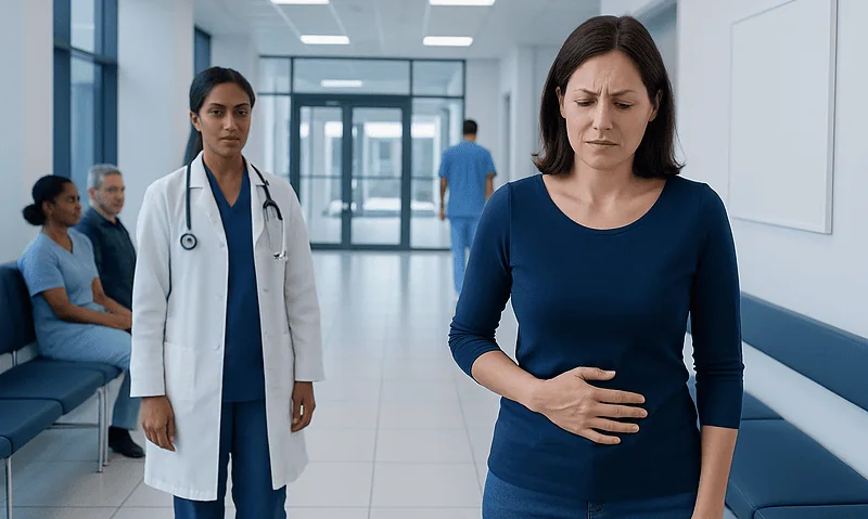 Colelithiasis Symptoms: Possible Causes and When to Seek Care 5 Woman with stomach pain in hospital corridor with medical staff and patients.
