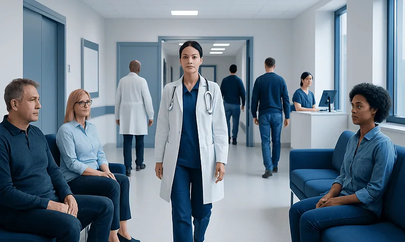 Medical staff and patients in a hospital waiting area at Acibadem Hospitals Group.