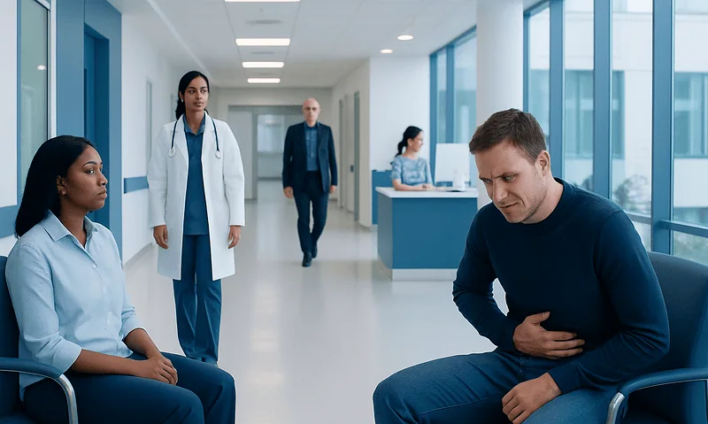 Patient experiencing abdominal pain in a hospital corridor with medical staff nearby.